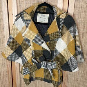 Anthropologie Cartonnier Wool Plaid Check Cape Coat Women’s M yellow and black